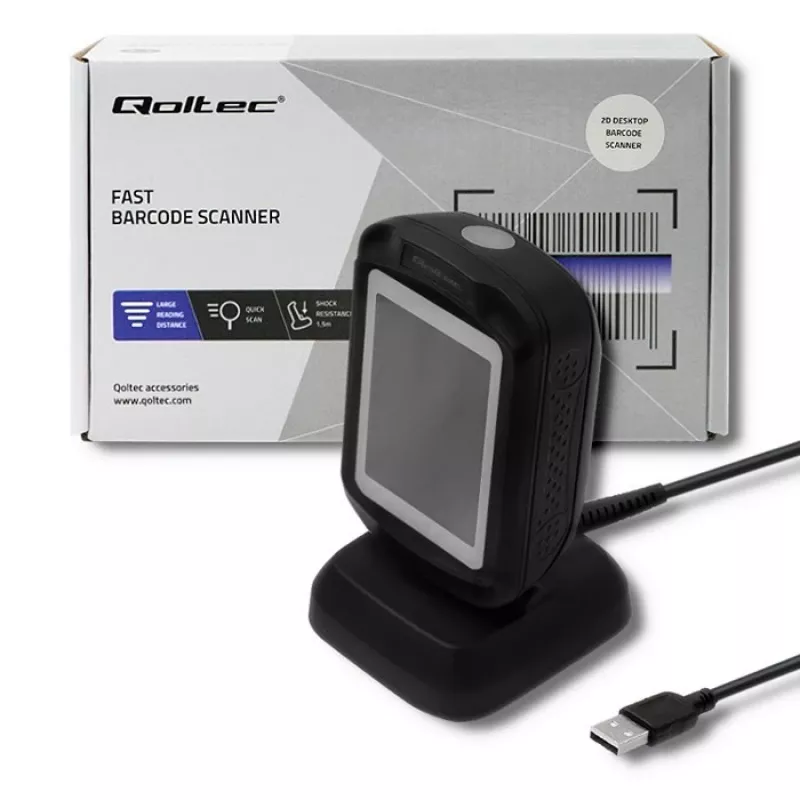Pevný 1D/2D čítač čiarových kódov QOLTEC 50864, LED senzor, USB (káblový), čierny, 145×85×80 mm