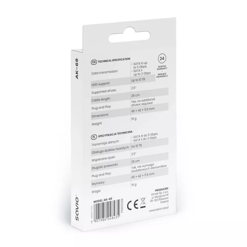 SAVIO SATA na USB-C kábel AK-69, SATA samica na USB-C samec, USB 3.2 Gen 1 (5 Gbit/s), 0,25 m, čierny