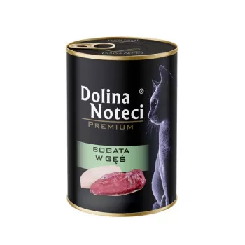 Mokré krmivo pre mačky dolina noteci Premium bohaté na hus 400 g — dospelé mačky, konzerva, kompletné krmivo, 10 % proteín, 6 % tuk, 80 % vlhkosť
