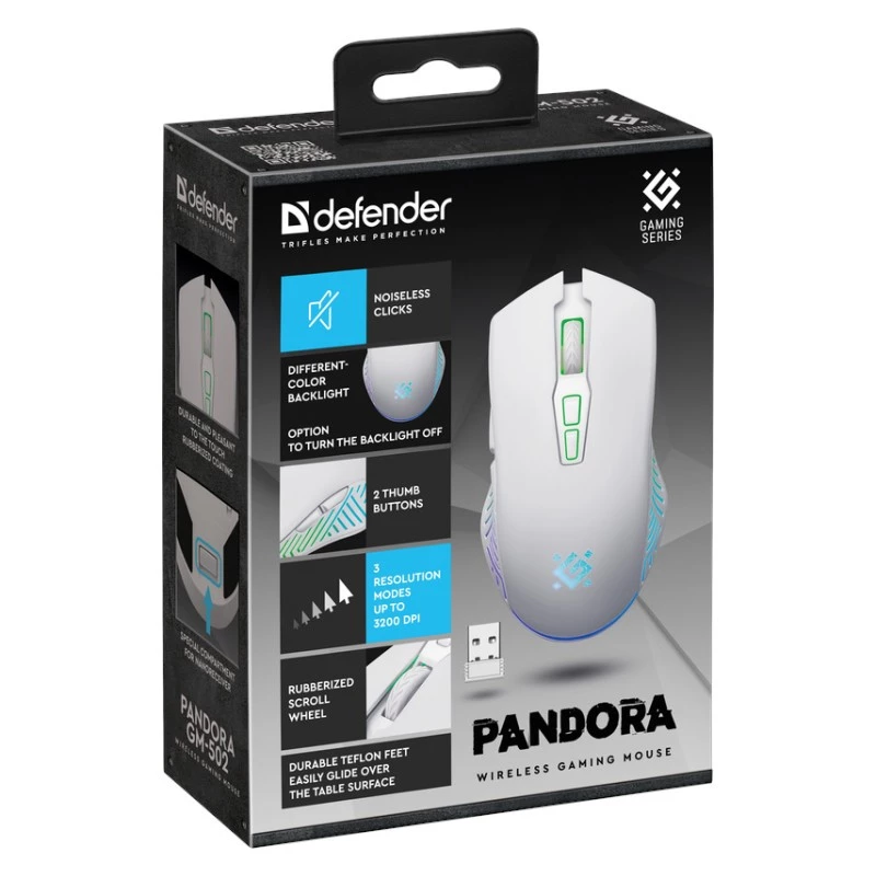 Bezdrôtová herná myš DEFENDER Pandora White – obojručná, 3200 DPI, 6 tlačidiel, programovateľná, optická, USB