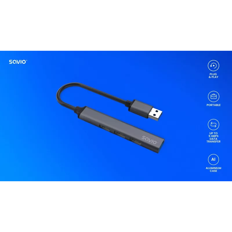 Savio AK-70 rozbočovač USB-A, 4 v 1: 3 x USB-A 2.0 + 1 x USB-A 3.1 Gen 1, 5 Gbps