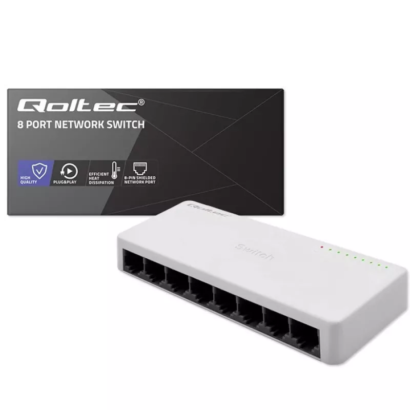 Sieťový switch QOLTEC 52246 — 8 x RJ45 portov, 100 Mbps