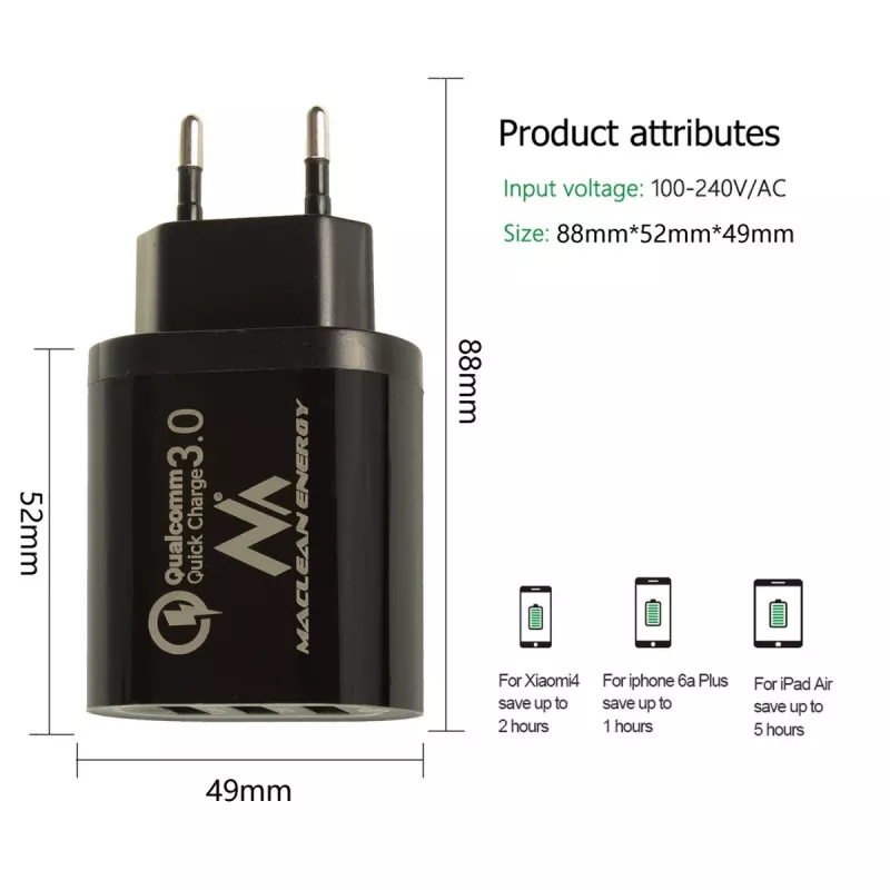 USB nástenná nabíjačka MACLEAN MCE479B — 3x USB porty, 18W celkový výkon, kompaktná