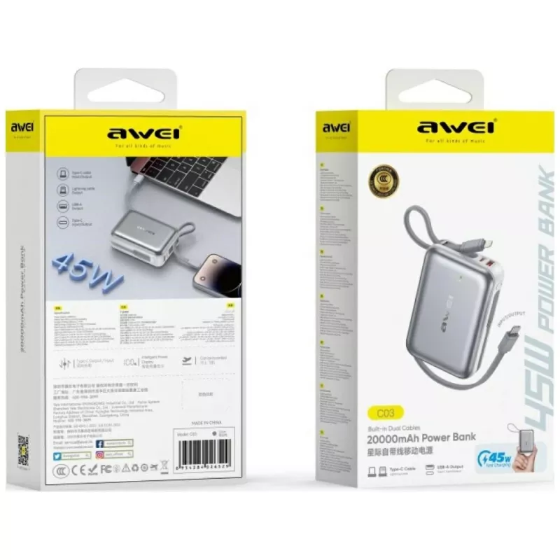 Prenosná powerbanka Awei C03 20000mAh s 45W výstupom a integrovaným USB-A/USB-C káblom