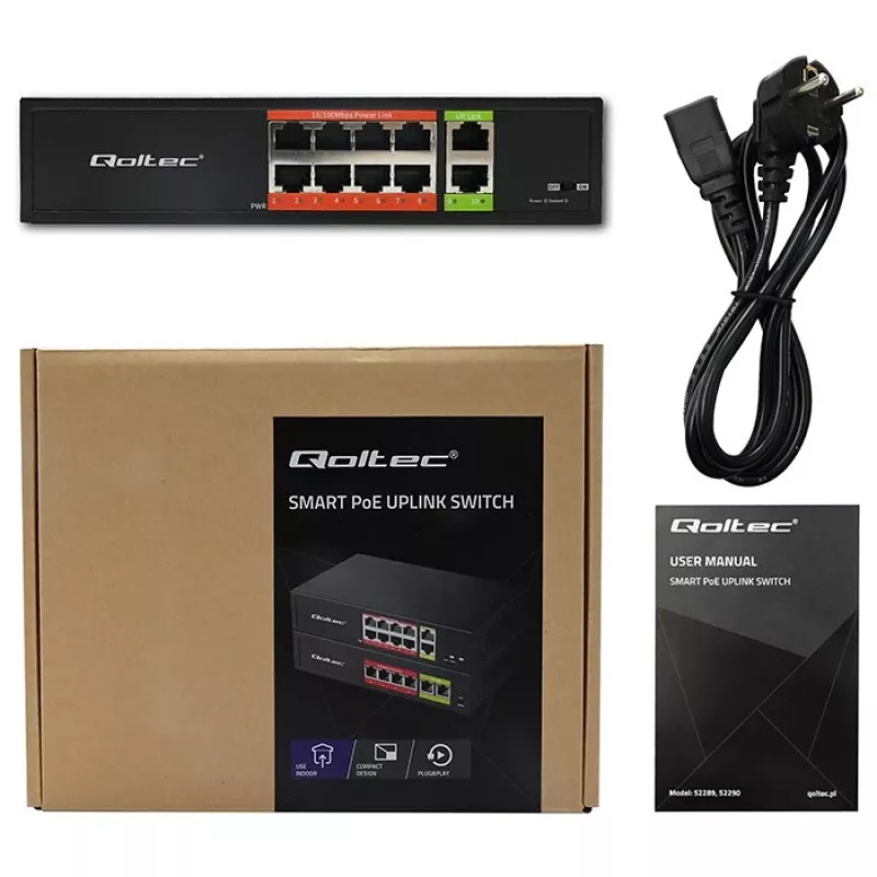 Sieťový switch QOLTEC FAST Ethernet PoE 8xRJ45 s 2xRJ45 uplink