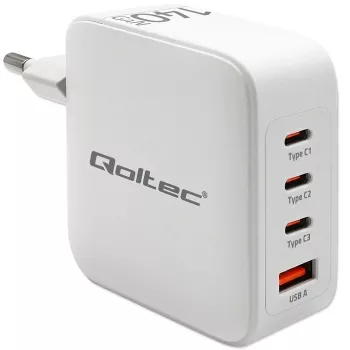 Nabíjačka QOLTEC 51828 140W GaN 3×USB‑C PD + 1×USB‑A QC 3.0 – multiportová rýchlonabíjačka