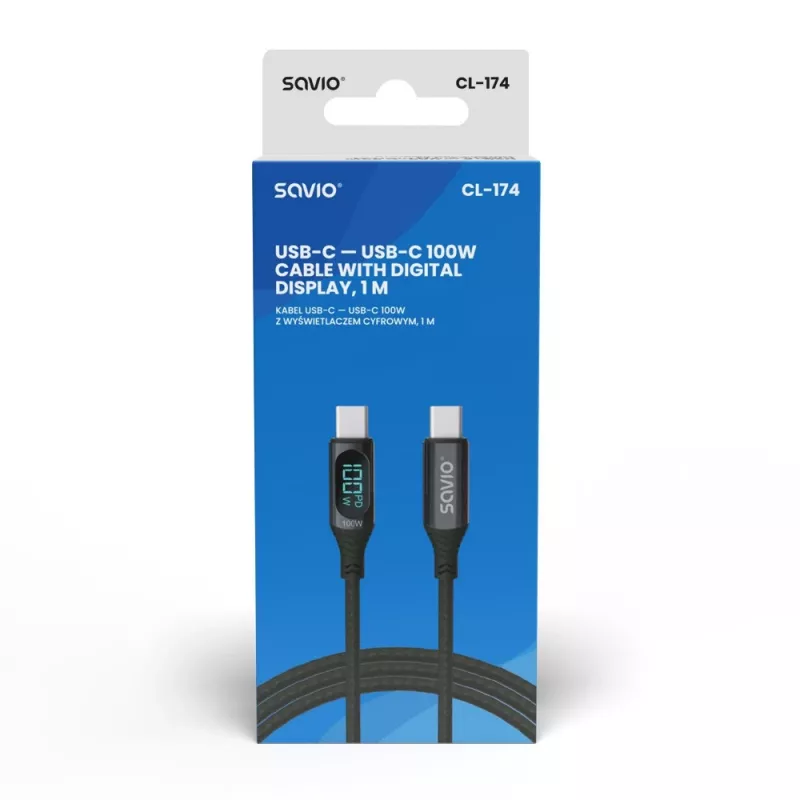 Savio CL-174 kábel USB-C na USB-C, 100 W, Power Delivery/Quick Charge, digitálny displej, 1 m, zelený