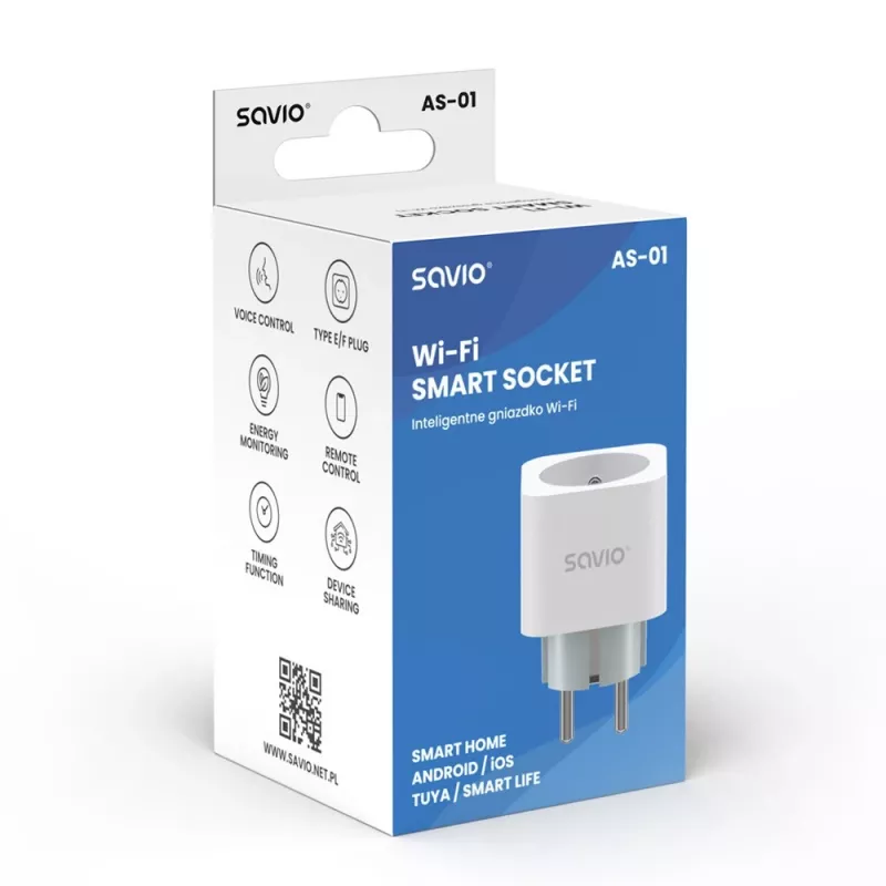Smart zásuvka SAVIO AS-01 16A Wi‑Fi 2,4 GHz, konektor samec typ E/F, 220–240 V, 3680 W, biela