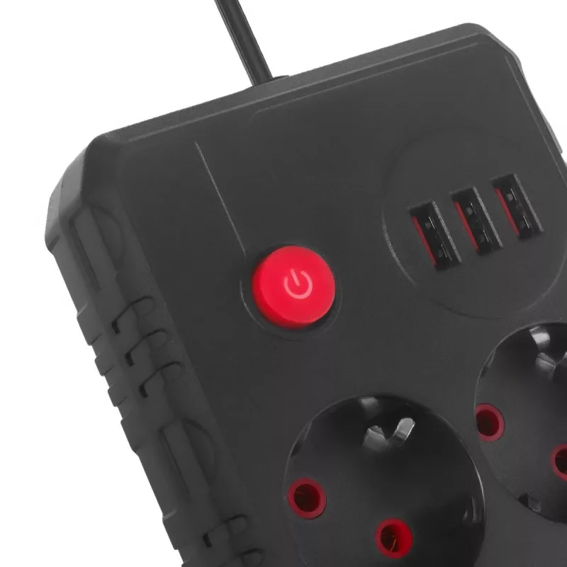 Predlžovací prívod Maclean MCE388 B, 2 zásuvky, 3x USB, 110-240 V, 2500 W, 3 m, čierny