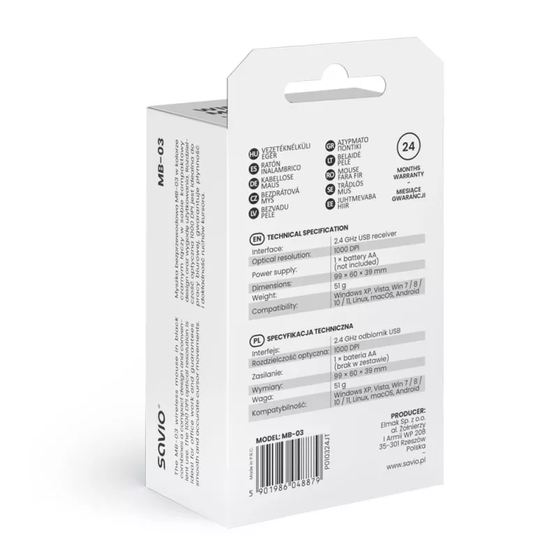 Savio MB-03 bezdrôtová optická myš, USB prijímač 2,4 GHz, 1000 DPI, 3 tlačidlá, batéria AA, 99x60x39 mm, 51 g, čierna