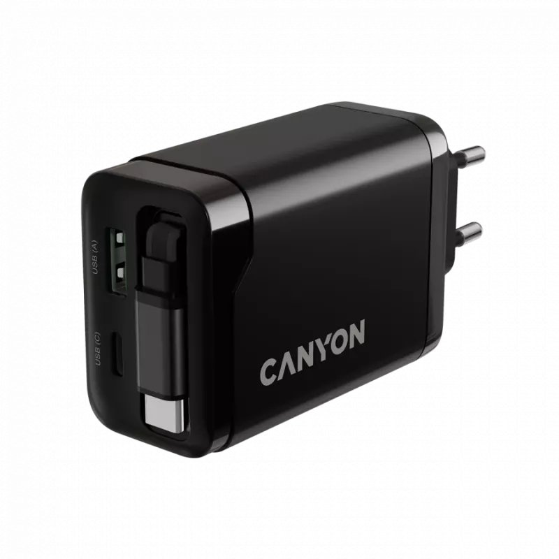 Nabíjačka CANYON OnCharge 65RC s integrovaným USB-C káblom, 65 W, 1x PD, 1x QC, EU zástrčka, čierna