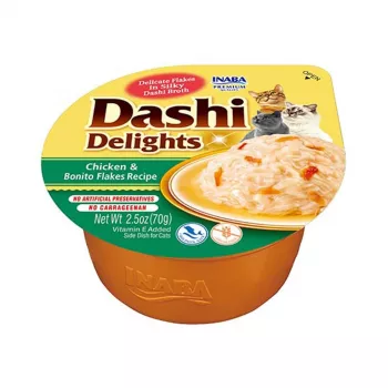INABA Dashi Delights kura s bonito vločkami v bujóne – maškrty pre mačky – 70 g