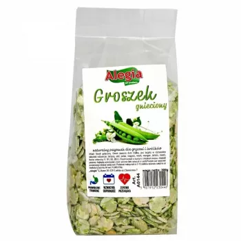 Drcený hrach doplnok stravy pre hlodavce a králiky Alegia 300 g – pevná maškrta so zeleninovou príchuťou, bez lepku, sóje a cukru