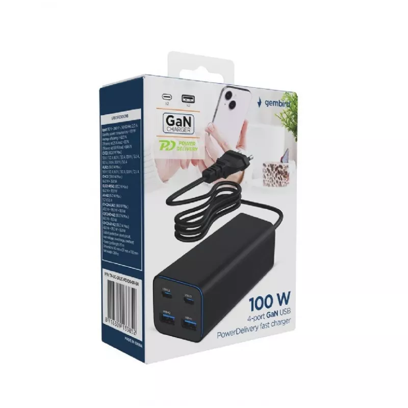 Gembird TA-UC-2A2C-PD100-01-BK nabíjačka pre mobilné zariadenia notebook, smartfón čierna AC rýchle nabíjanie interiérová