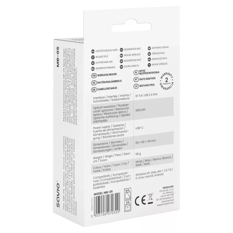Savio MB-05 myš univerzálna obojručná Bluetooth 1600 DPI