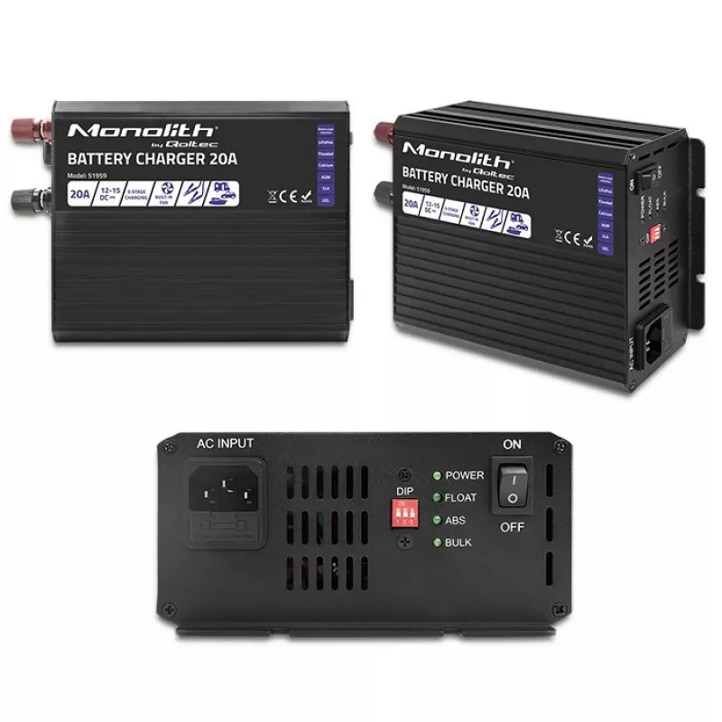 Nabíjačka QOLTEC Monolith 20 A 12 V pre LiFePO4, AGM, GEL, SLA batérie