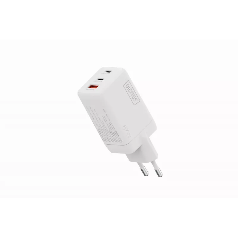 Nástenná nabíjačka DIGITUS DA-10303 67W GaN, 2× USB-C + 1× USB-A, 100–240V, biela