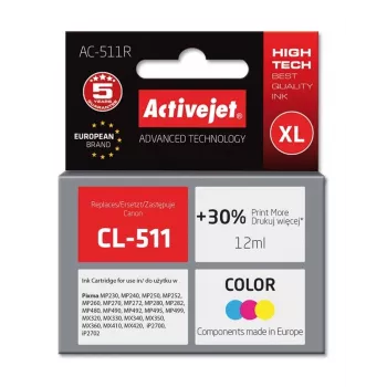 Atramentová kazeta ActiveJet AC-511R kompatibilná s Canon CL-511, farbivo CMY, vysoká (XL) kapacita 12 ml, jednotlivé balenie