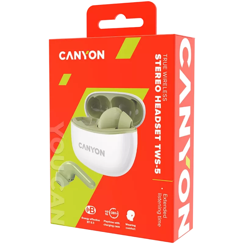 CANYON In-Ear slúchadlá TWS-5, zelená Bluetooth 5.3, dotykové ovládanie, nabíjací vstup: USB-C