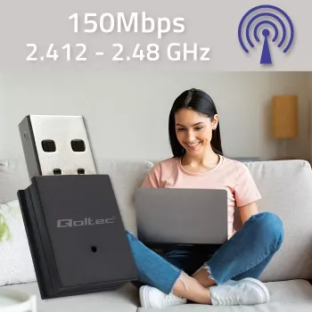 Kompaktný bezdrôtový mini USB Wi-Fi adaptér QOLTEC 57007 – Single-Band 2,4 GHz, až do 150 Mbit/s, interná anténa