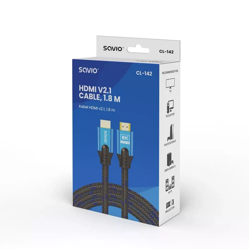 HDMI kábel Savio CL-142 v2.1 1,8 m, HDMI Type-A konektor samec–samec, pozlátené kontakty, čierny/modrý