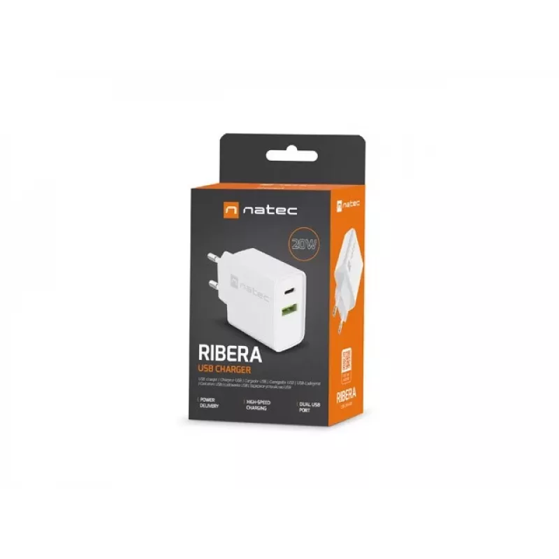 Sieťová rýchlonabíjačka NATEC RIBERA 12V 20W USB-C PD 3.0 + USB-A Samsung AFC biela