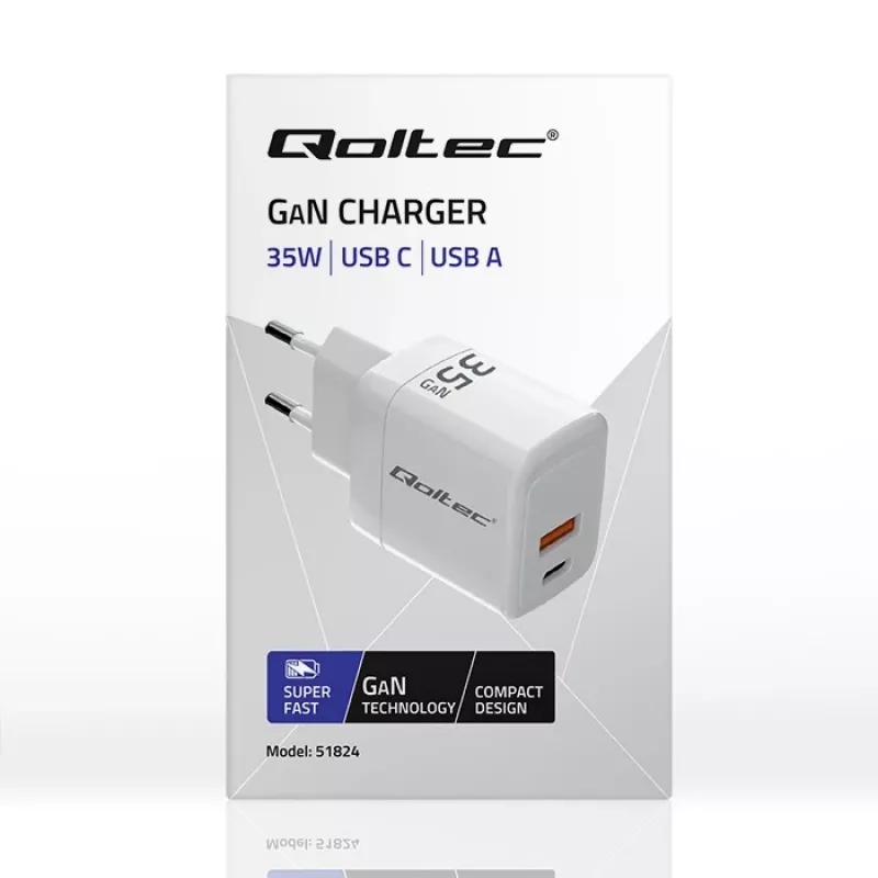 Nabíjačka QOLTEC 51824 GaN 35W USB-C PD & USB QC 3.0, 5–20V, 1x USB-C, 1x USB-A