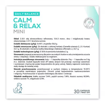 Uklidňujúci doplnok VETEXPERT Calm&Relax Mini — 30 kapsúl pre malých psov a mačky, 100 g, bez cukru, bez lepku
