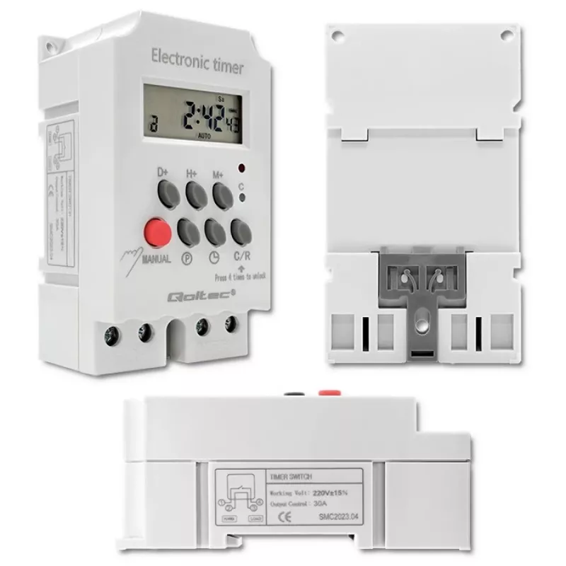 Elektronický časový spínač na DIN lištu QOLTEC PC0629 — napájanie 24V, výstup 16A