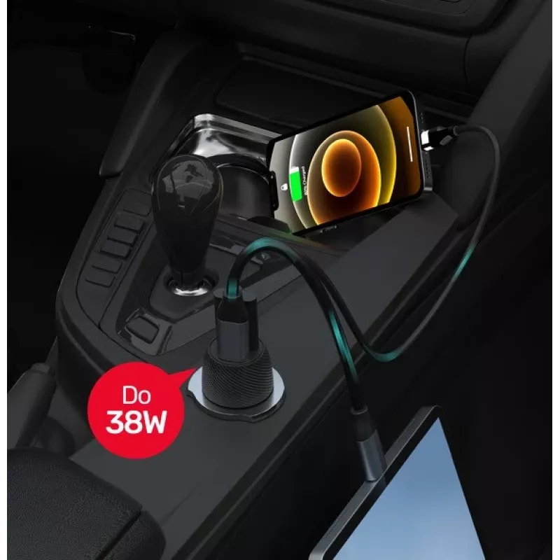 Auto nabíjačka Unitek P1400A s USB-C a USB-A, 38W, Quick Charge 3.0, vstup 12–24V, čierna