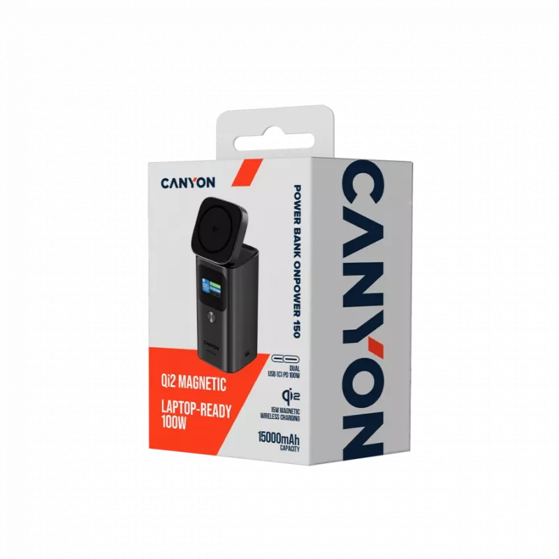 CANYON Qi2 magnetická powerbank OnPower 150 15000mAh hliník tmavosivá