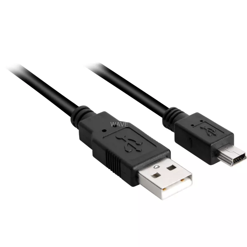 USB 2.0 kábel, USB-A konektor samec > Mini-USB konektor samec (čierny, 1,0 metra, dvojité tienenie)