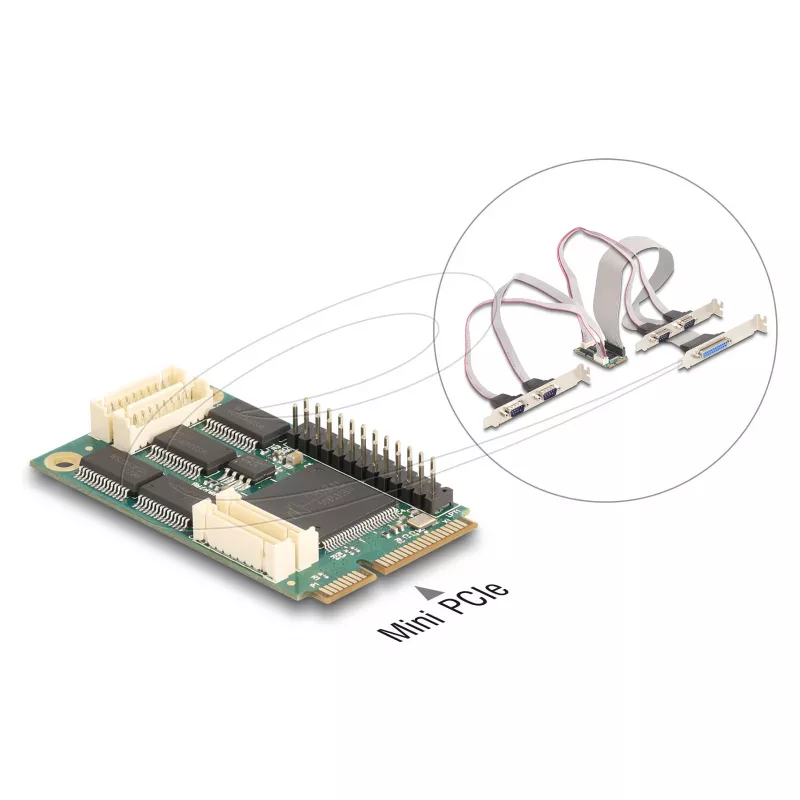 Interný Mini-PCIe rozhranový adaptér DELOCK 95279 — sériový host, Mini-PCIe výstup, podpora RS-232, 460,8 Kbit/s, FIFO 256 B, 30×51×10 mm