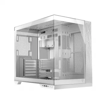PC skriňa MODECOM Volcano Panorama Midi Tower biela — micro ATX, tvrdené sklo, ARGB, USB-C, podporuje GPU 400 mm