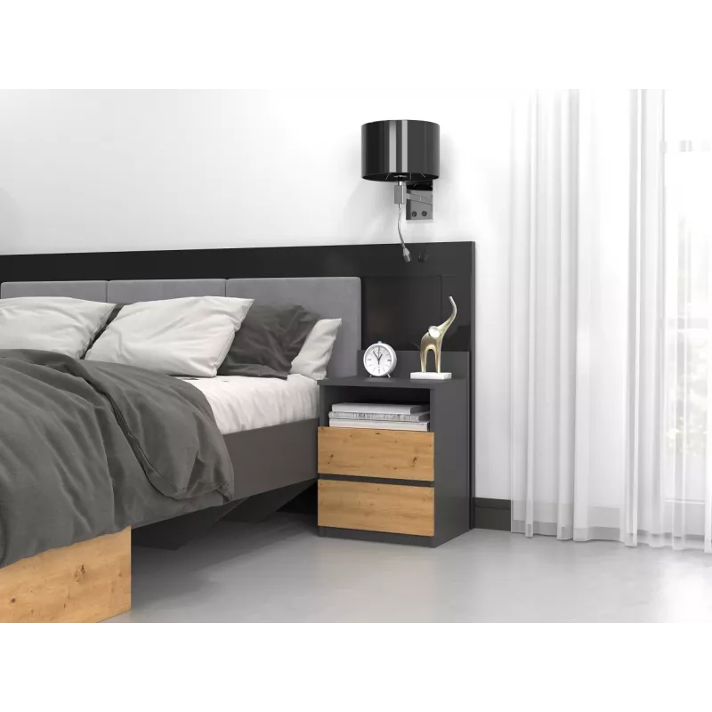 Top E Shop M1 ANTRACYT/ARTISAN nočný stolík, 2 zásuvky, dub