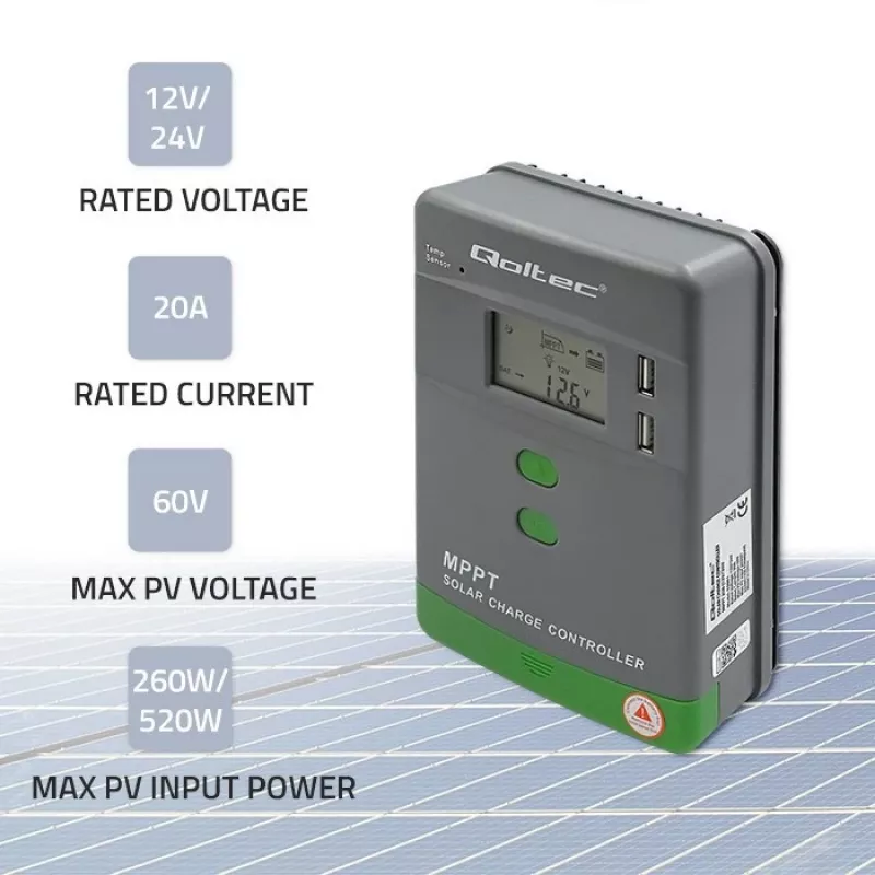 Qoltec, solárny MPPT regulátor nabíjania s teplotným senzorom 20A 12V/24V displej LCD 2 X USB