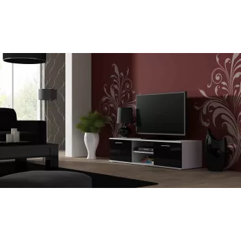 TV stojan cama meble SOHO 140 – 1400×430×370 mm, biely vrchná doska, drevotrieska, biely rám, čierne lesklé fronty