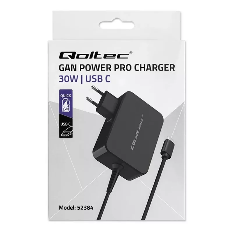Napájací zdroj QOLTEC 52384 GaN 30W výstup 5–20V USB nabíjačka