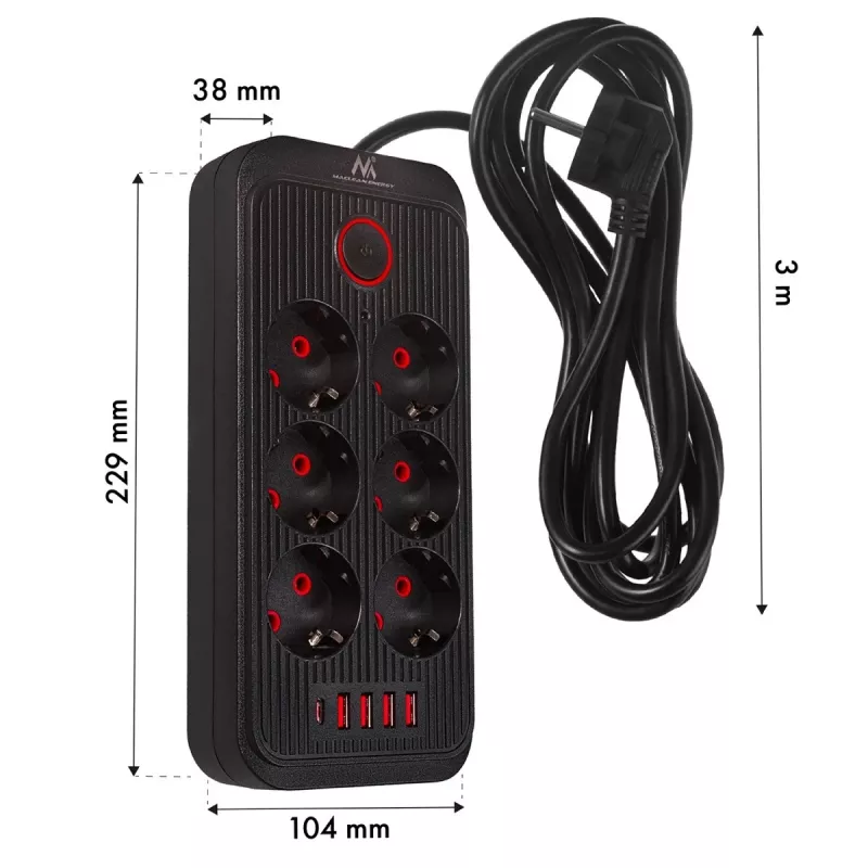 Predlžovacia zásuvková lišta MACLEAN MCE391 B – 6 zásuviek, 4×USB-A + 1×USB-C, 110–240V, 2500W, 3 m kábel, čierna