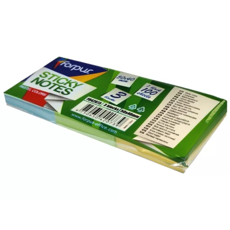 Samolepiace lístočky FORPUS FO42073, 40×50 mm, 3 pastelové farby, blok