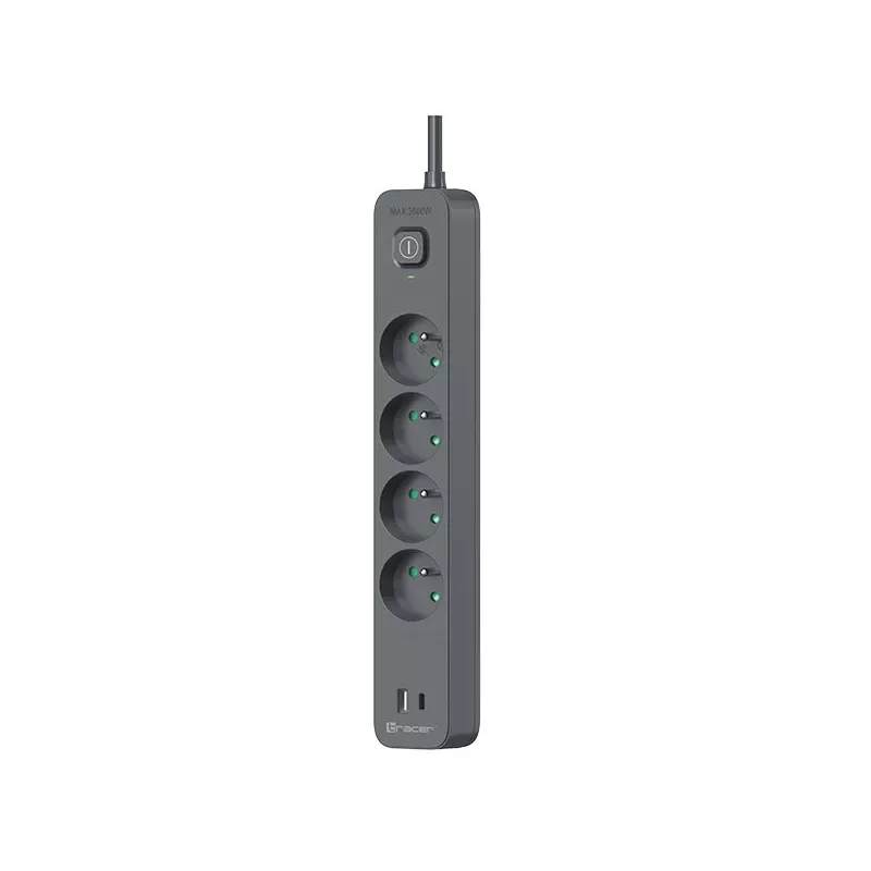 Tracer Power Line+ TRALIS47026 zásuvková lišta, 4 zásuvky, USB-A + USB-C PD 18 W, 1,5 m, grafitová
