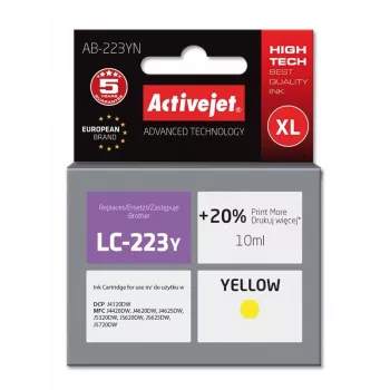 Atramentová kazeta ActiveJet AB-223YN žltá, kompatibilná pre Brother, farbivo 10 ml, vysoký (XL) výkon, jednotlivé balenie