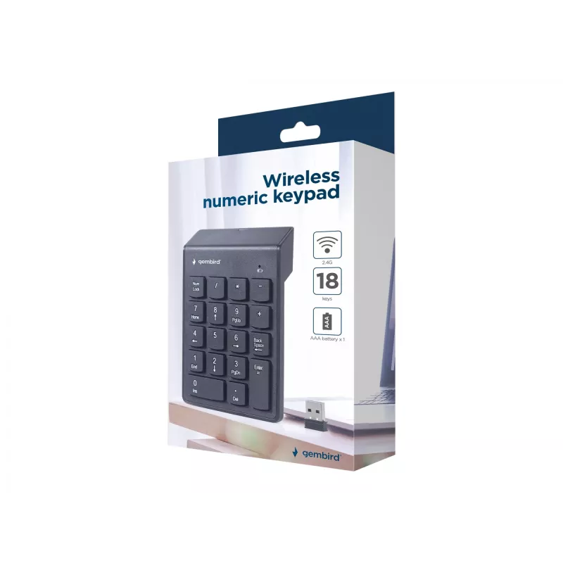 Gembird KPD-W-02 bezdrôtová numerická klávesnica, 2,4 GHz, USB, 18 klávesov, čierna