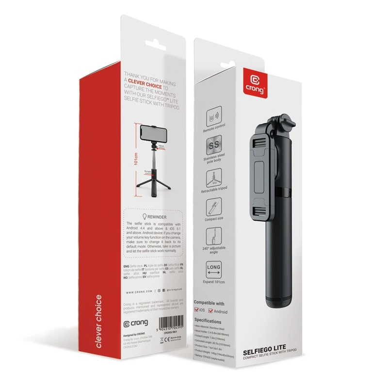 SelfieGo kompaktný selfie stick Bluetooth statív (20-101 cm) Crong CRGSGL1B