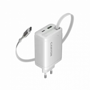 CANYON nabíjačka OnCharge 65RC s integrovaným USB-C káblom 65W, 1x PD, 1x QC, EU zástrčka, biela