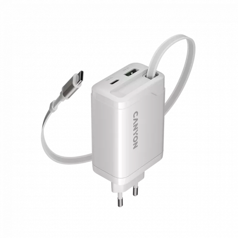CANYON nabíjačka OnCharge 65RC s integrovaným USB-C káblom 65W, 1x PD, 1x QC, EU zástrčka, biela