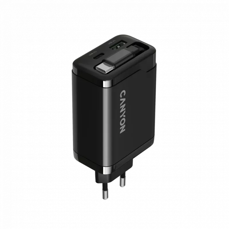 Nabíjačka CANYON OnCharge 65RC s integrovaným USB-C káblom, 65 W, 1x PD, 1x QC, EU zástrčka, čierna