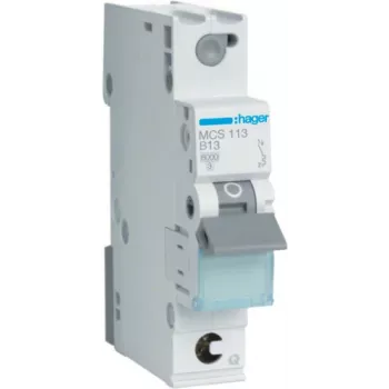 Hager MCS113. Menovitý prúd: 13 A, sieťová frekvencia: 50/60 Hz. Vypínacia charakteristika: C, deliace jednotky (max.): 1 modul. Šírka: 17,5 mm, hĺbka: 70 mm, výška: 83,4 mm (MCS113)