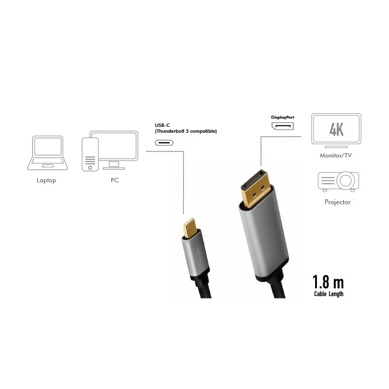 LogiLink CUA0100 káblový adaptér DisplayPort USB 3.2 Gen1 Type-C 1,8m čierny sivý