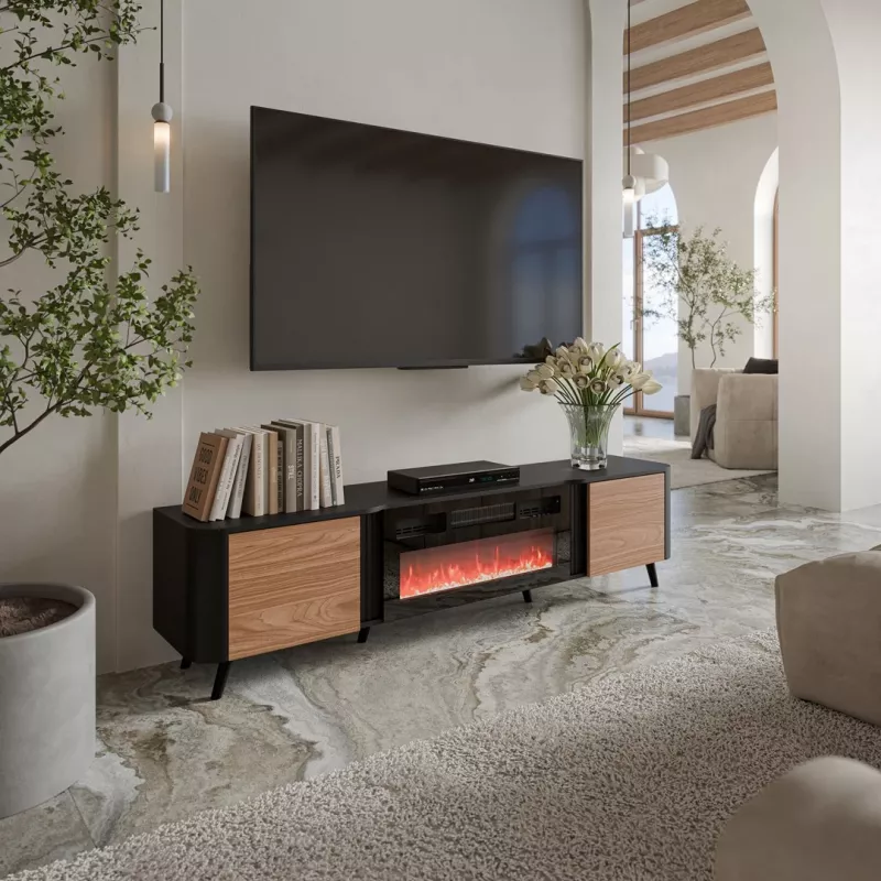 TV skrinka Cama Meble Volare 200 x 39 x 49 cm čierna/orech s krbom